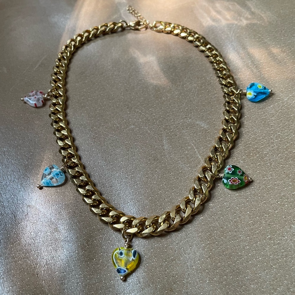 Heart 💛 Millefiori glass choker on 18k gold plated curb chain green blue yellow - Picture 4 of 5